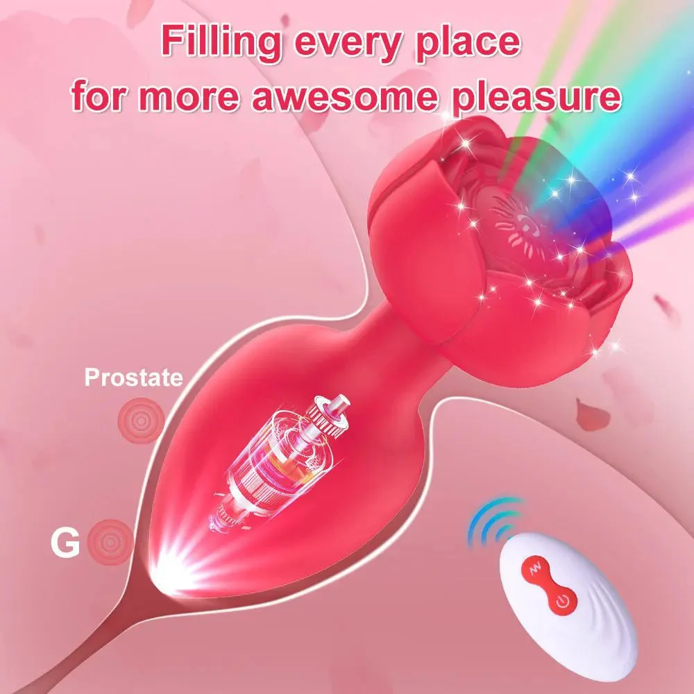 Rose Glowing Strong Shock Anal Plug Vibrator Remote Control Masturbator Adult Erotica Sex Toys