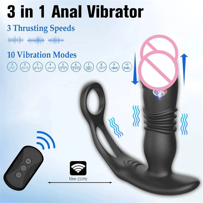 Remote APP Control Men's Anal Vibrator Butt Plug Thrusting Prostate Stimulator with Delay Ejaculation Lock Ring Anal Sex Toys