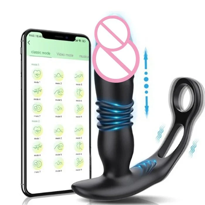 Remote APP Control Men's Anal Vibrator Butt Plug Thrusting Prostate Stimulator with Delay Ejaculation Lock Ring Anal Sex Toys