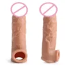 Penis Sleeve Realistic Latex Extension Penis Extender Vibrator with 10 Frequencies Strap-On Hollow Dildo Sex Toy for Men