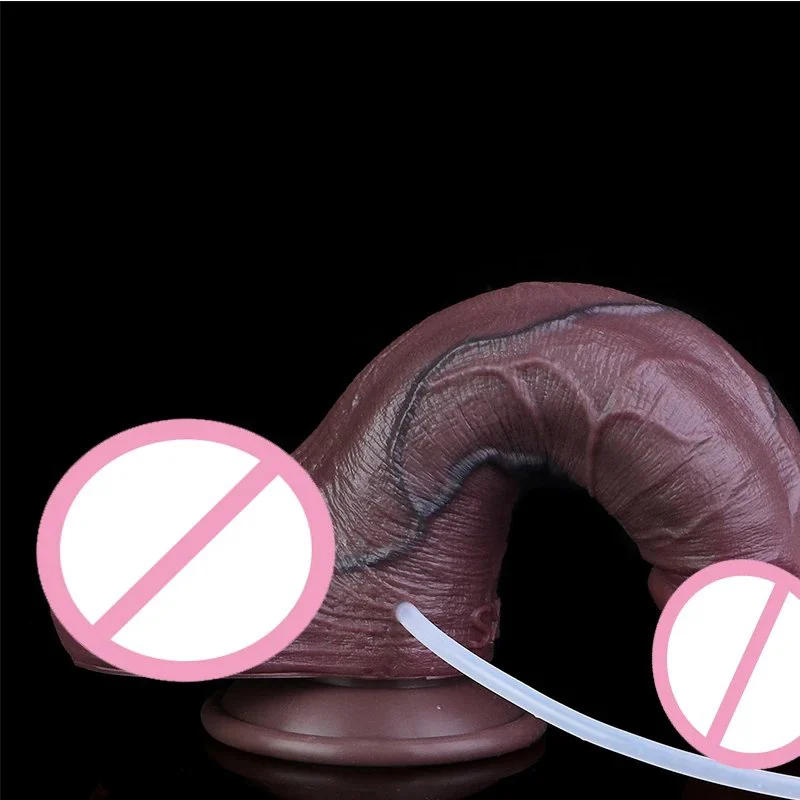 Real Soft Dual-Layer Squirting Black Dildo Realistic Silicone Anal Plug WIth Ejaculation Function for Men Women Masturbator
