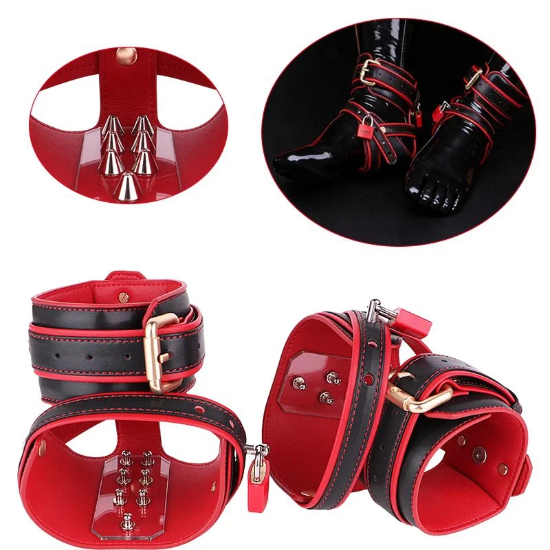 Leather Riveted Restraints for Submissive Training - Foot Spike Pain Device with Mild Stinging Sensation for Adult
