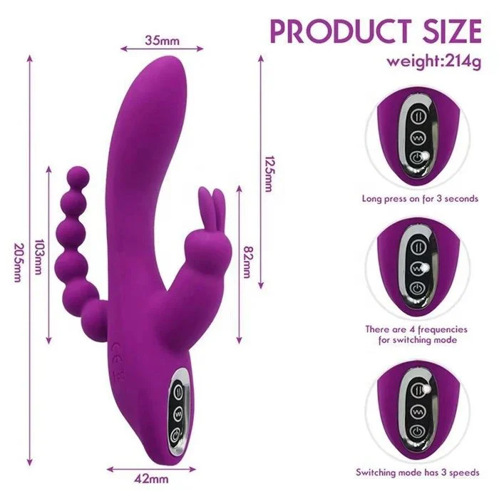 3-in-1 USB Rechargeable Rose Vibrator 12 Frequency Triple Clit Clitoris G-Spot Anal Sex Toys for Women