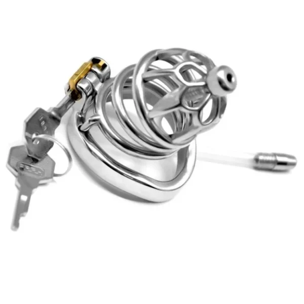 60mm 304 Stainless Steel Sm Sex Toys Penis Cage with Keyholder Male Chastity Device with Catheter Curved Ring Chastity Cage