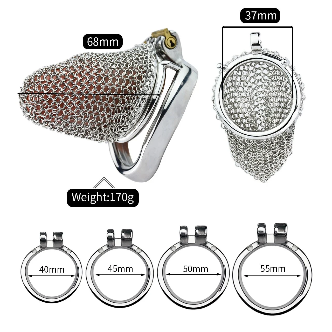 304 Stainless Steel Mesh Chastity Cage for Men Curved or Round Ring Lock