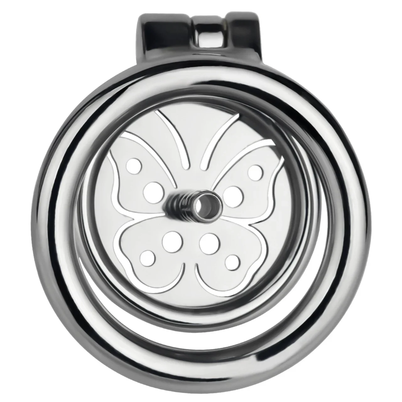 FRRK Stainless Steel Male Penis Cage with Built-in Flat Restraint Chastity Lock Featuring Butterfly-Shaped Catheter Design