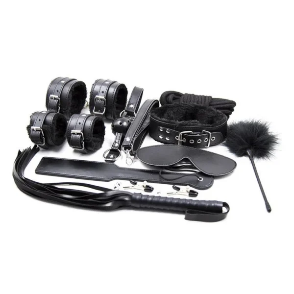 10PCS Set Fluffy Handcuffs Spanking Ass Whip Black Leather Bondage Restraints Kit