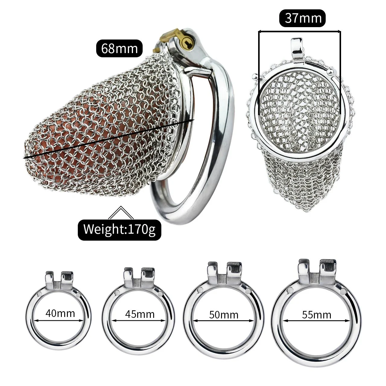 304 Stainless Steel Mesh Chastity Cage for Men Curved or Round Ring Lock