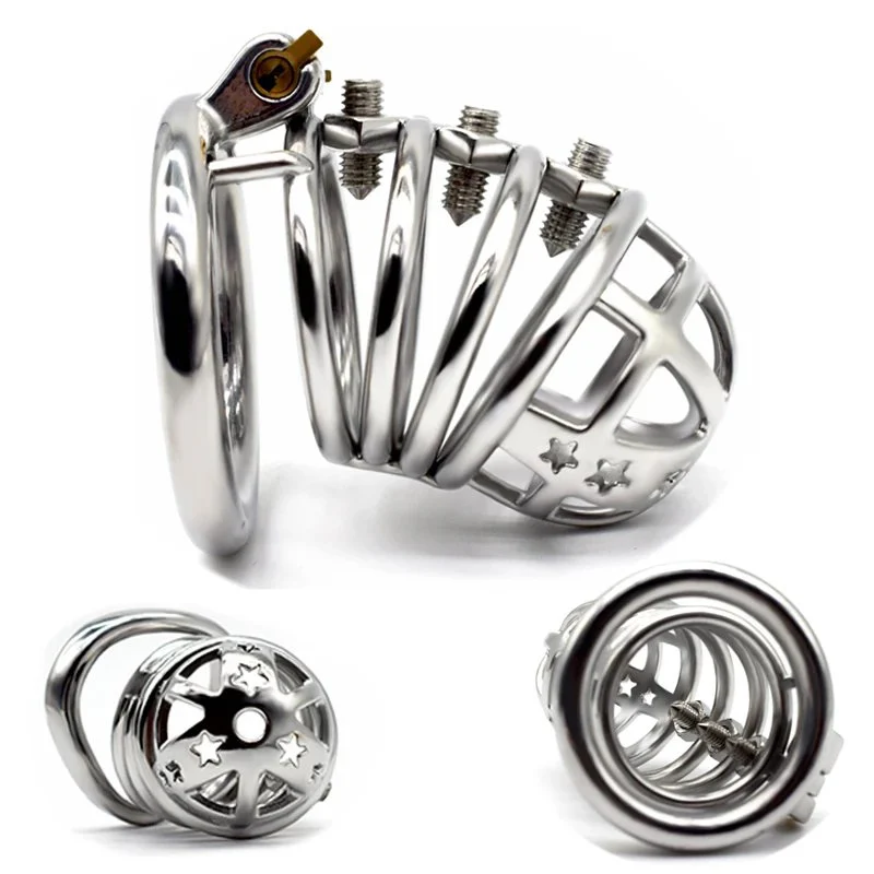 4 Active Ring Stainless Steel Inverted Plugged Cylinder Chastity Cage for Couple Restraint Ring Bolted Spikes