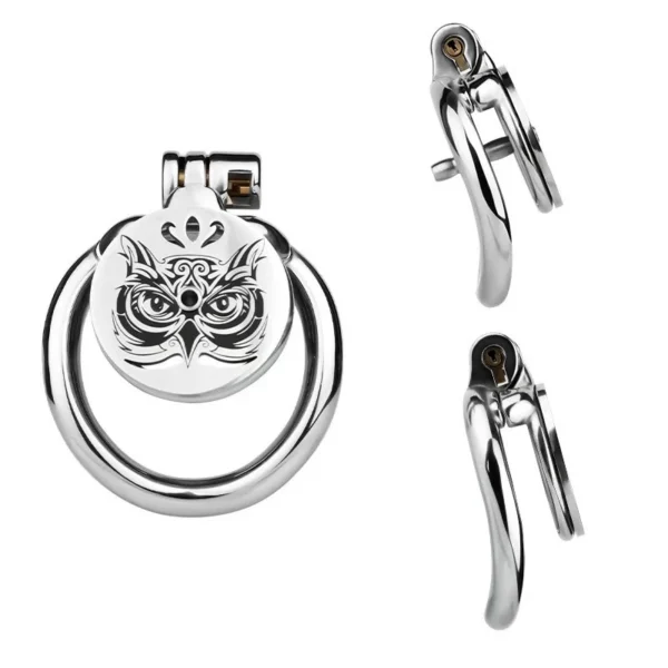 Built-in Flat Male Metal Chastity Lock with Owl Pattern and Urinary Catheter for Male Chastity Confinement Penis Cage