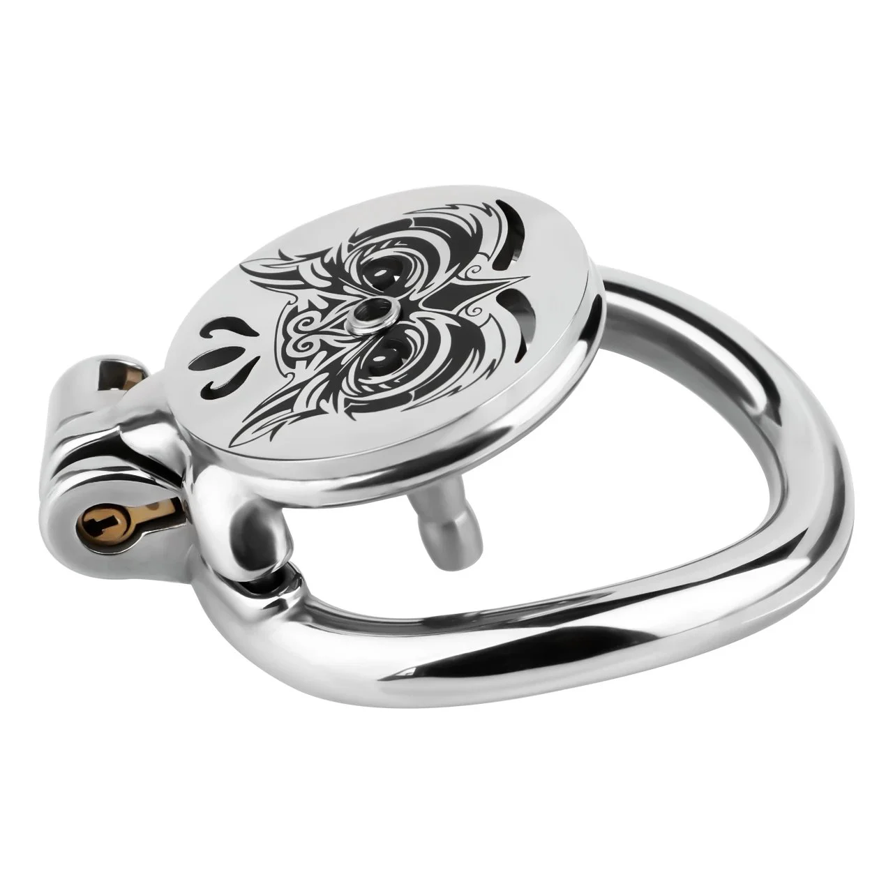 Built-in Flat Male Metal Chastity Lock with Owl Pattern and Urinary Catheter for Male Chastity Confinement Penis Cage